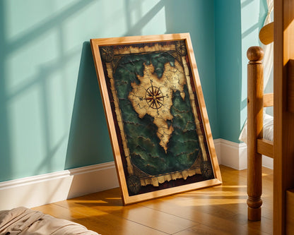 Antique World Map Canvas Wall Art Turquoise Ocean Dark Academia — Medieval inspired room features distressed atlas artwork with cracked parchment surface details