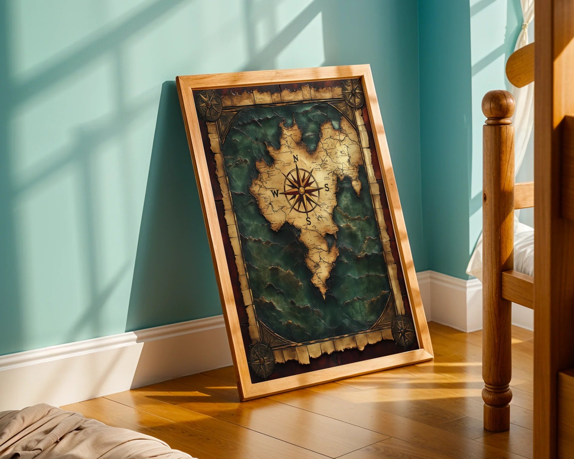 Antique World Map Turquoise Ocean Dark Academia in room