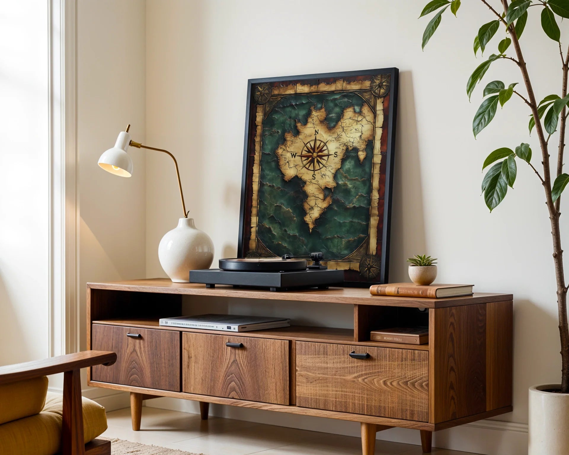 Antique World Map Turquoise Ocean Dark Academia in room