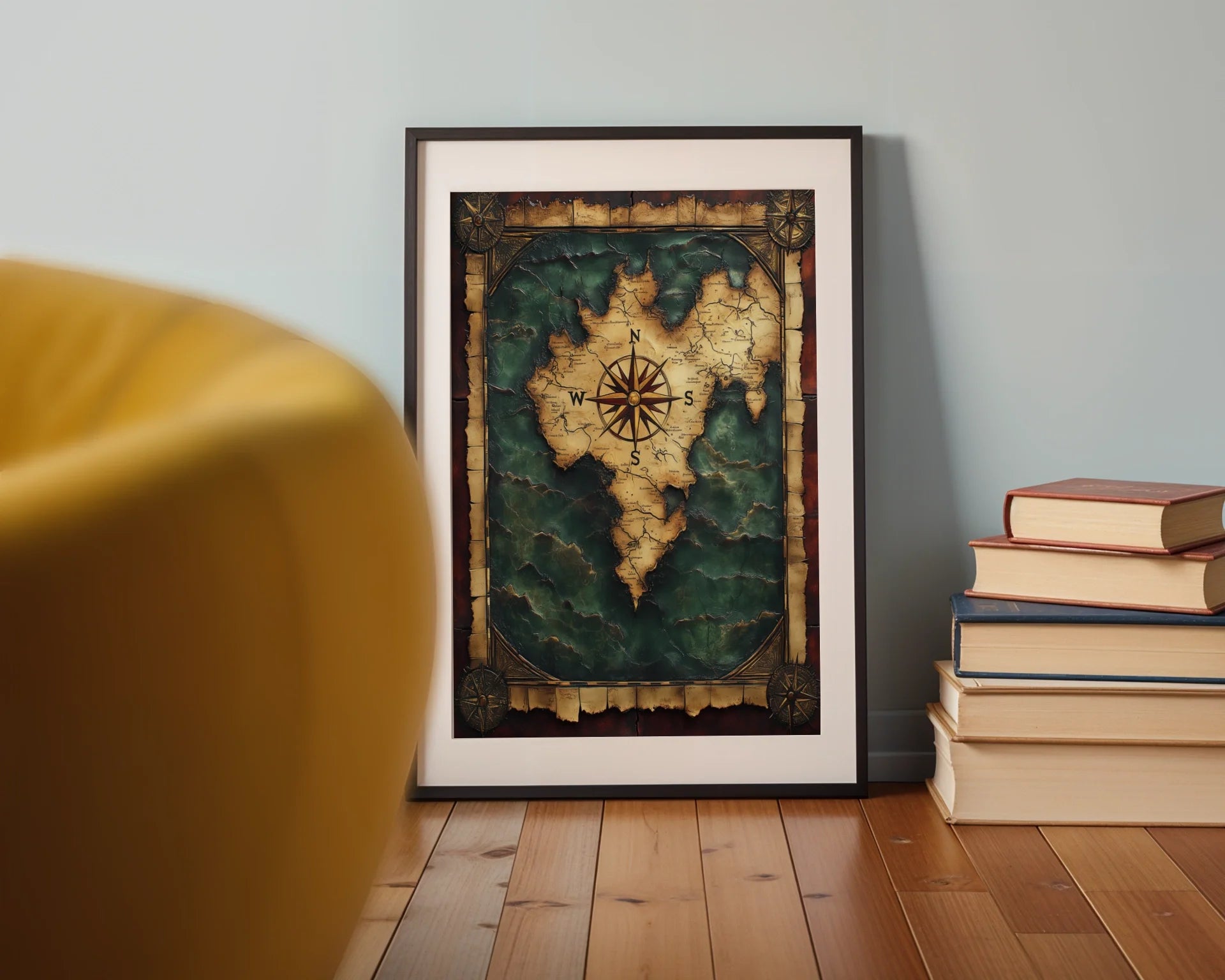 Antique World Map Turquoise Ocean Dark Academia in room