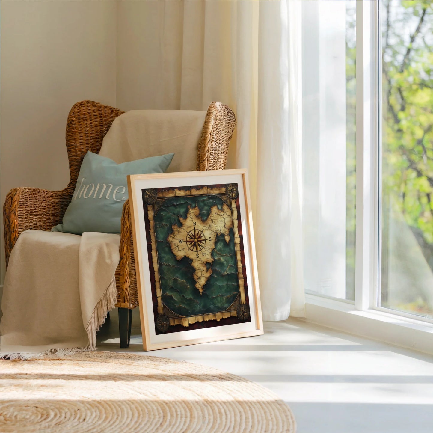 Antique World Map Turquoise Ocean Dark Academia in room