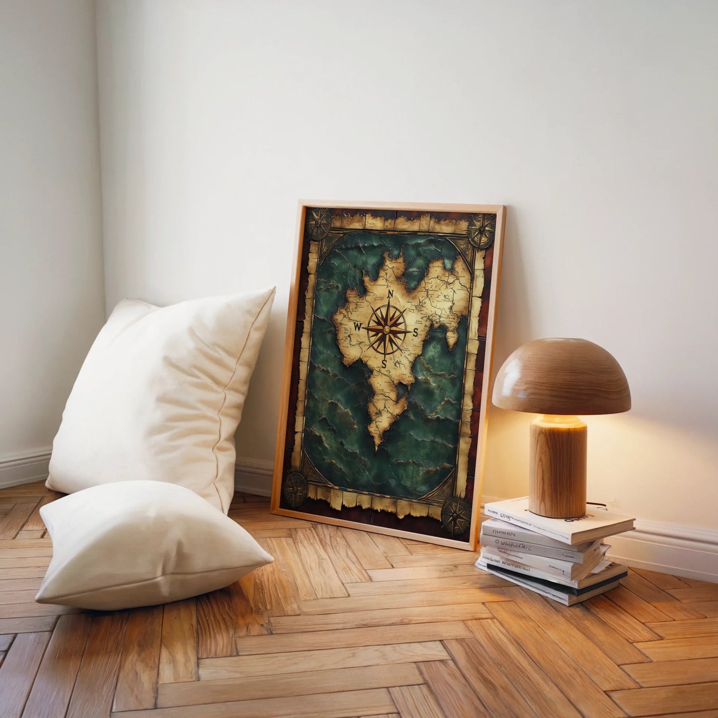 Antique World Map Turquoise Ocean Dark Academia in room