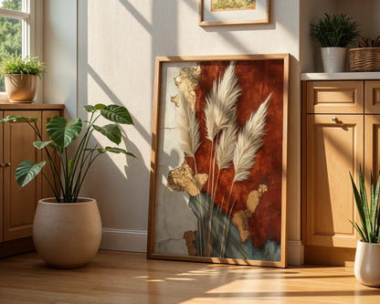 Pampas Grass Geological Strata Boho Canvas Wall Art — Bohemian canvas featuring feathery grass stems against layered rock formations for eclectic home decor