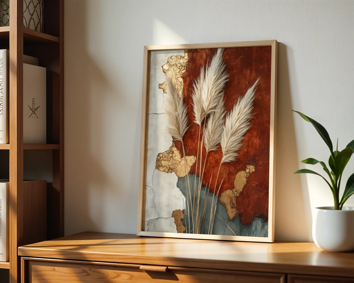 Pampas Grass Geological Strata Boho Canvas Wall Art — Contemporary canvas displaying windswept grasses emerging from cracked mineral surfaces for boho styling