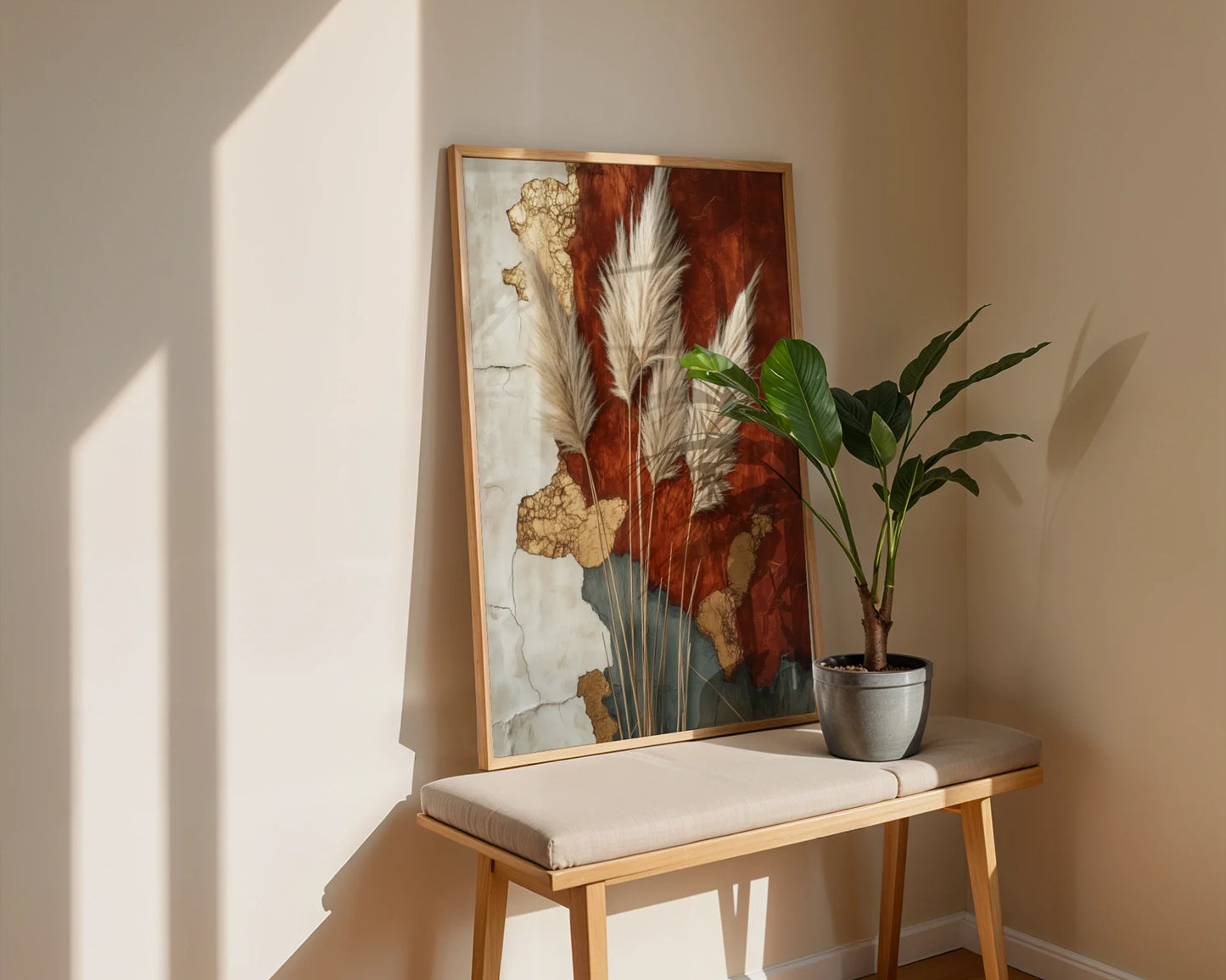 Pampas Grass Geological Strata Boho Canvas Wall Art — Minimalist print capturing wispy seed heads sprouting through fractured earth tones for modern interiors