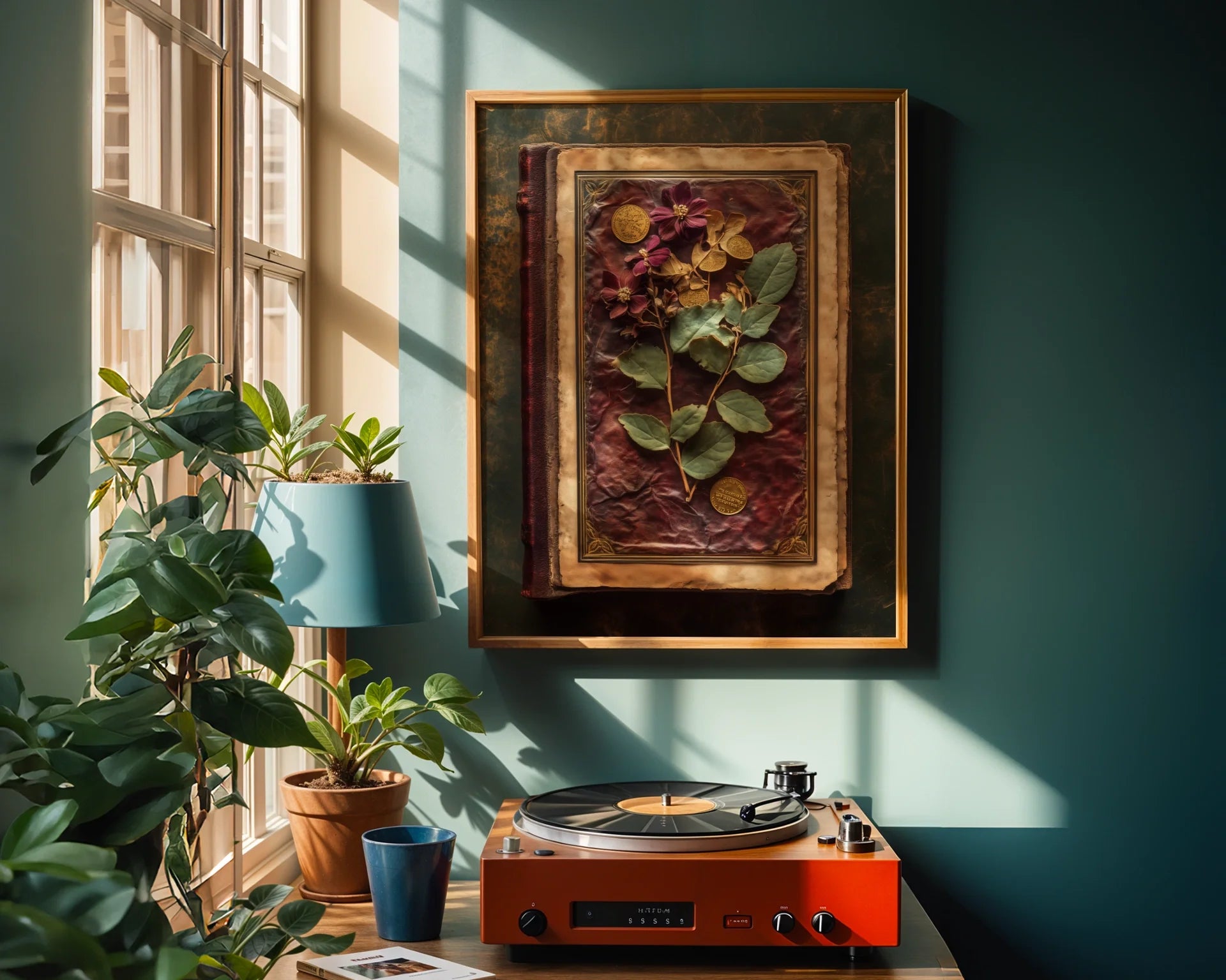 Pressed Botanical Specimen Dark Academia Leather Canvas Art — Scholarly canvas featuring dried plants bound in weathered leather for intellectual home decor