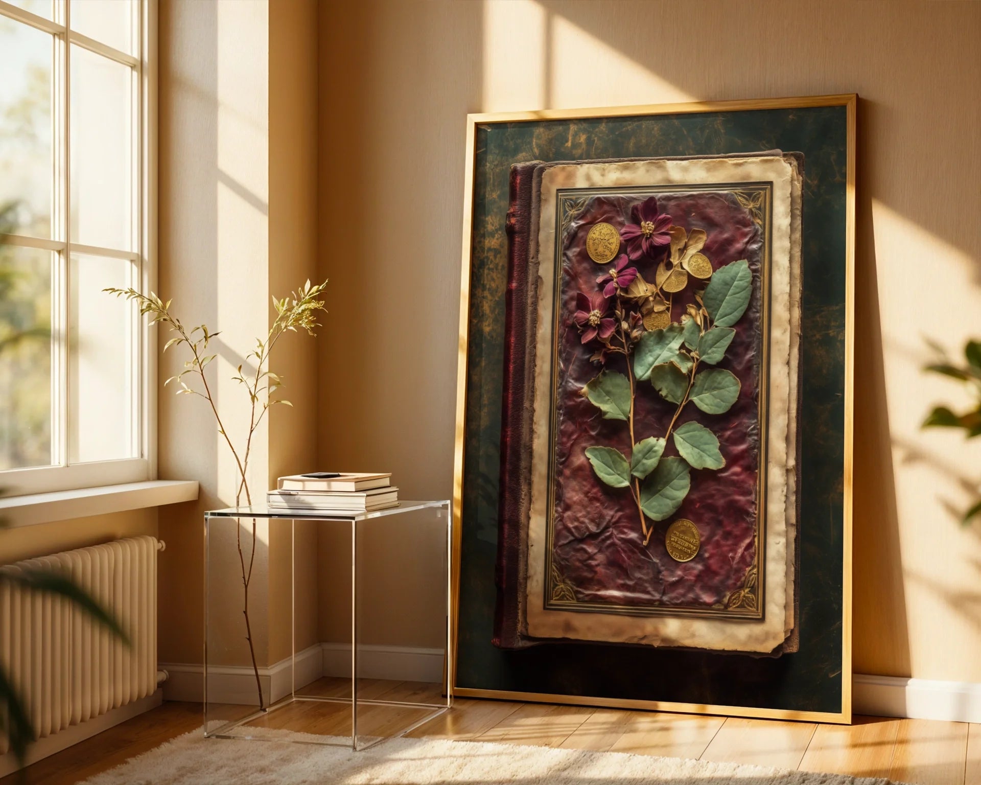 Pressed Botanical Specimen Dark Academia Leather Art in room
