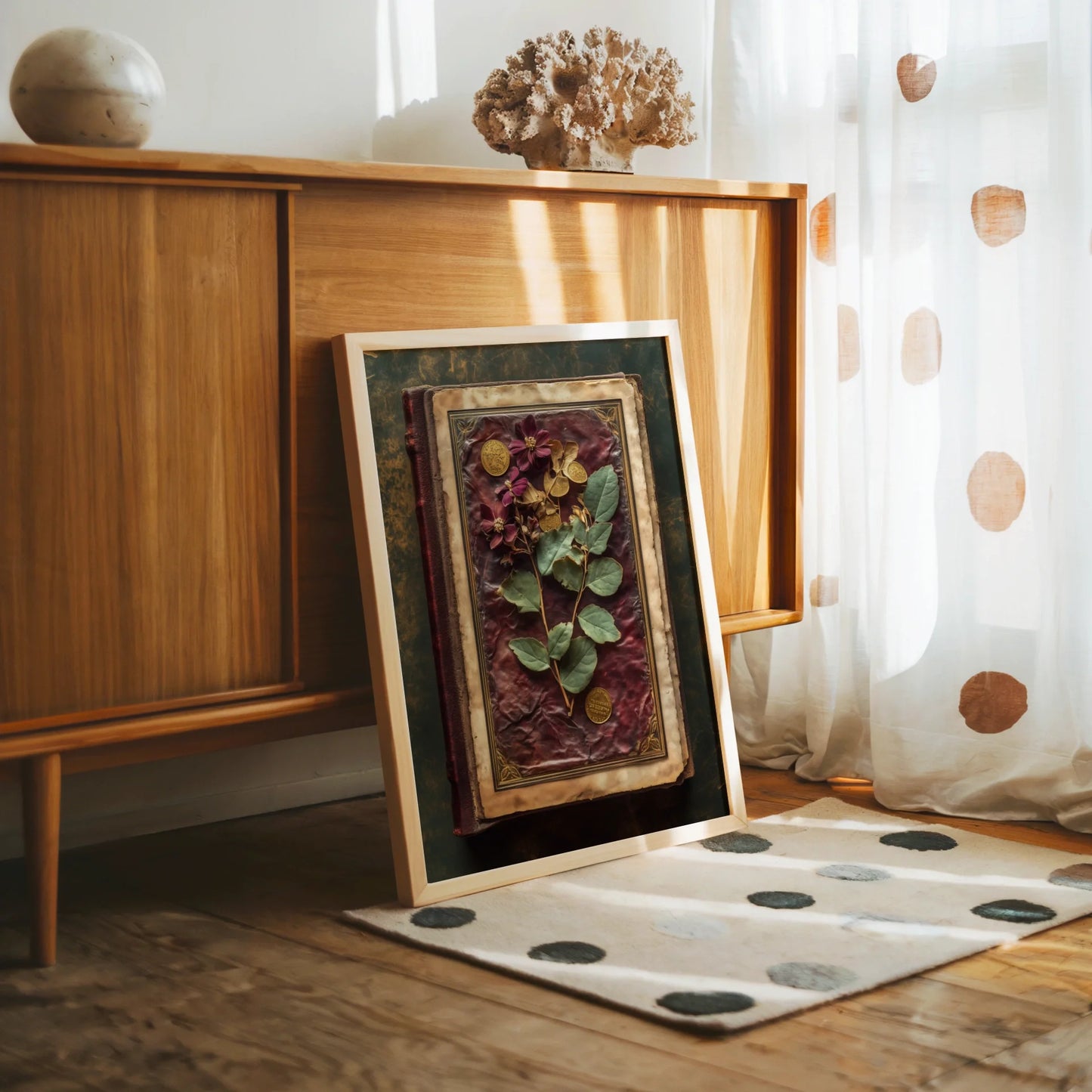 Pressed Botanical Specimen Dark Academia Leather Canvas Art — Museum-inspired flora canvas with antiqued binding details for scholarly home aesthetics