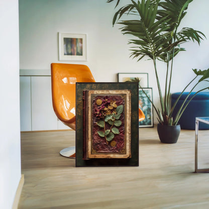 Pressed Botanical Specimen Dark Academia Leather Canvas Art — Rich burgundy canvas showcasing preserved greenery with golden highlights for warm decor