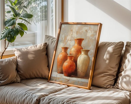 Cracked Pottery Still Life Boho Terracotta Canvas Wall Art — Bohemian canvas featuring time-worn clay urns displayed above neutral furniture for eclectic home decor