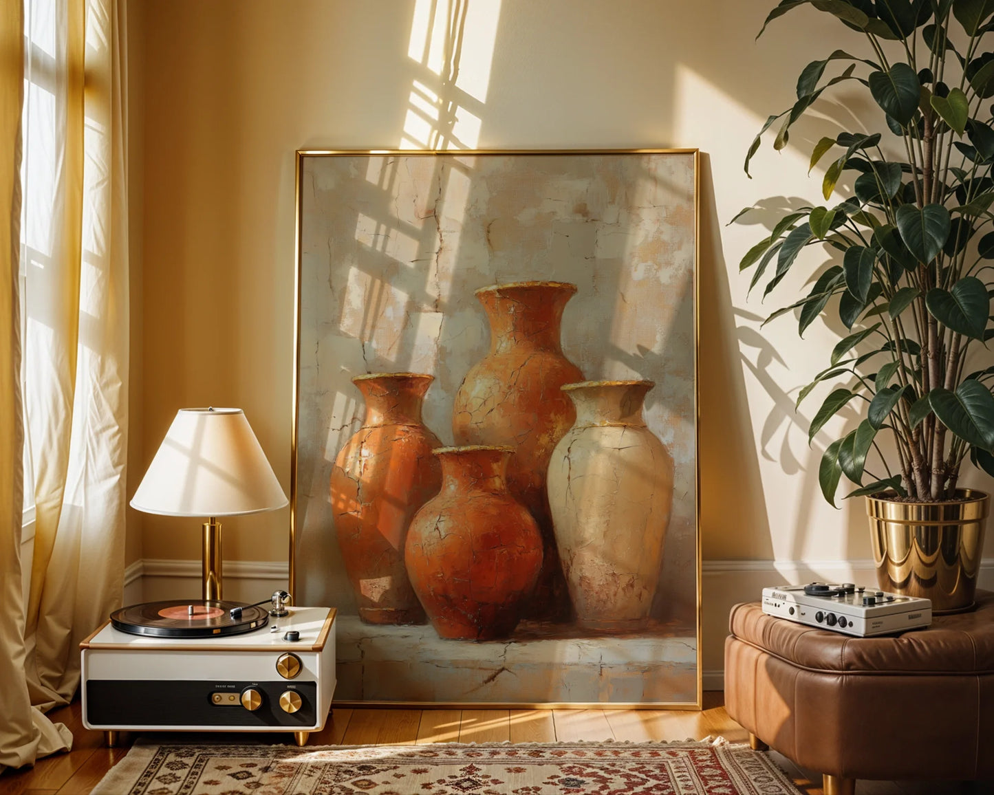 Cracked Pottery Still Life Boho Terracotta Canvas Wall Art — Farmhouse living space displaying aged ceramic containers canvas for casual country home styling