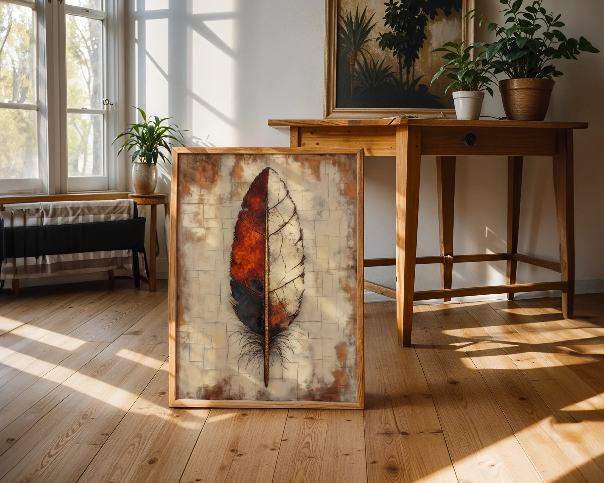 Large Feather Fire Ash Split Boho in room
