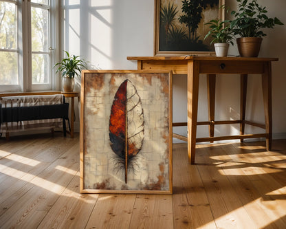 Large Feather Fire Ash Split Boho in room