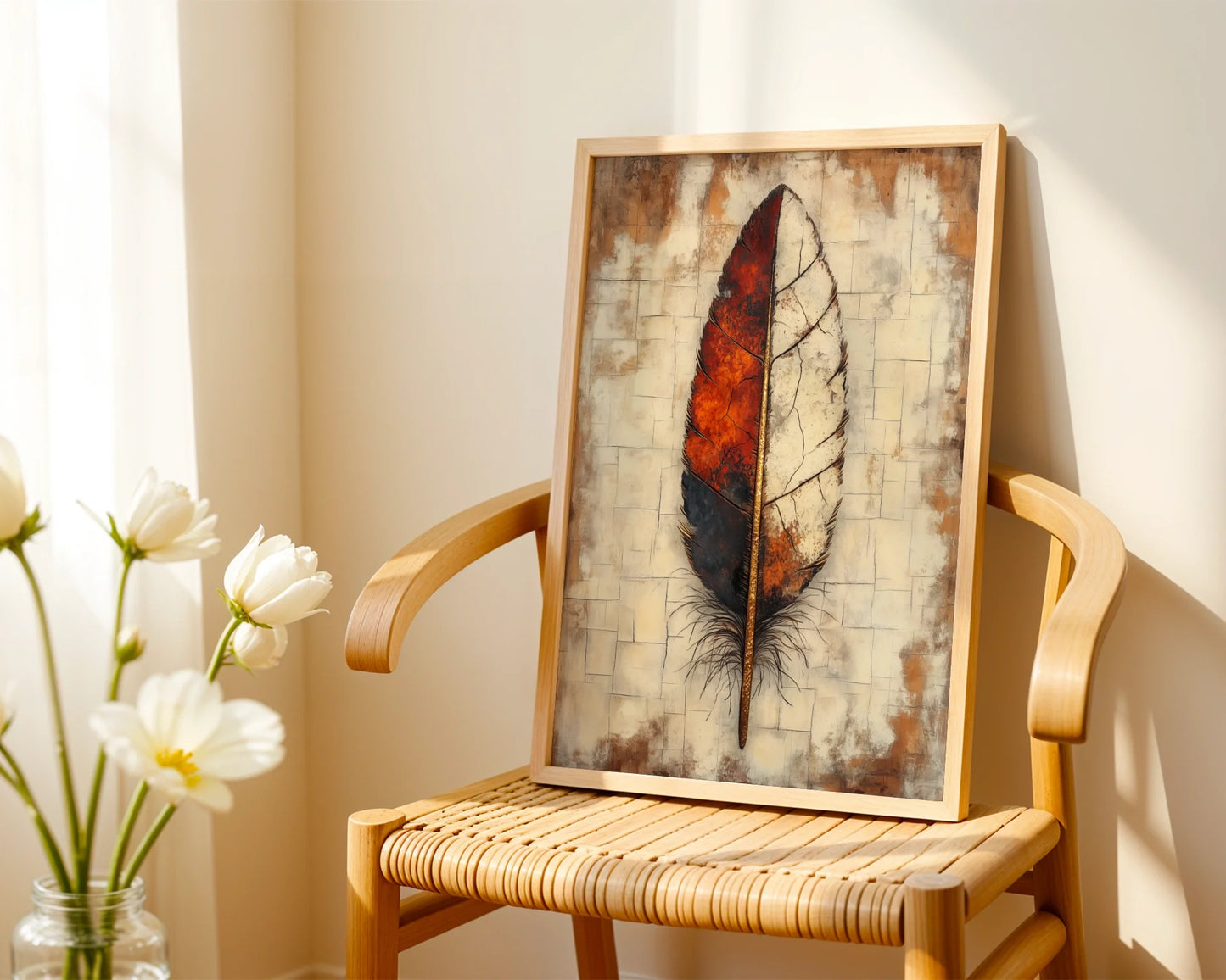Large Feather Fire Ash Split Boho in room