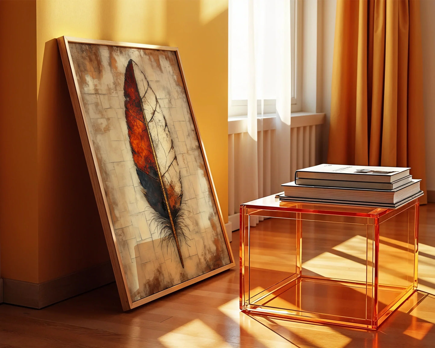 Large Feather Fire Ash Split Boho in room