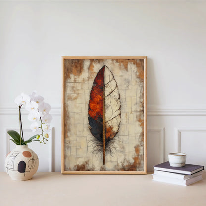 Large Feather Wall Art Fire Ash Split Canvas Print Boho — Ceremonial plume print showcased in modern tribal-inspired interior design setting