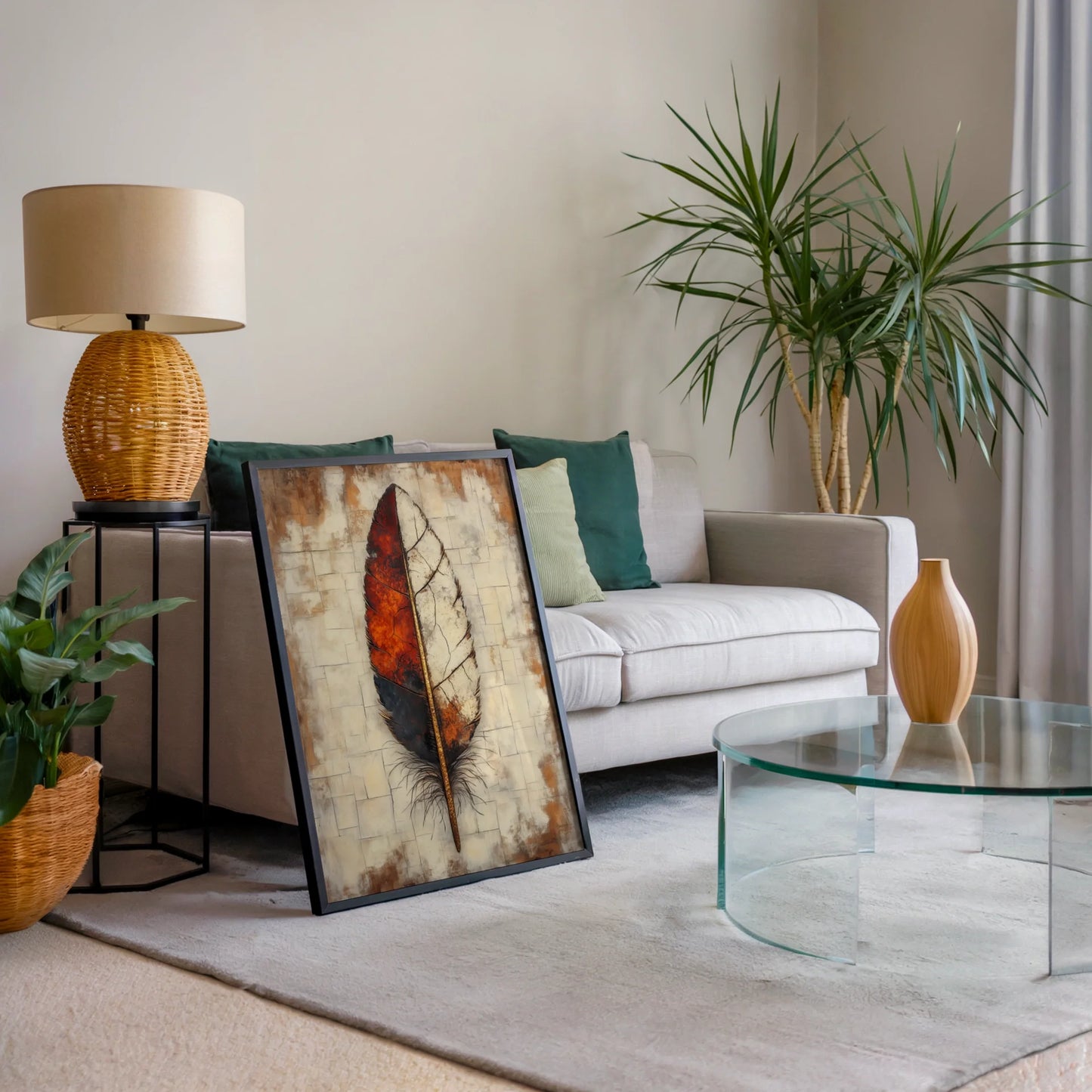 Large Feather Fire Ash Split Boho in room
