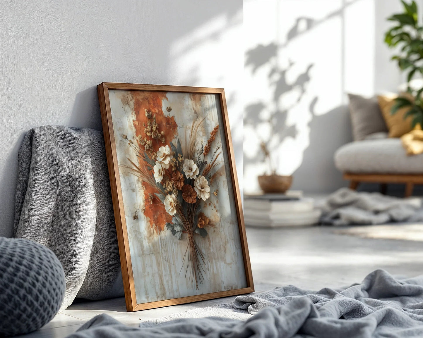 Dried Flower Bouquet Wheat Bound Autumn Boho Canvas Wall Art — Bohemian wall art featuring harvest wildflowers bundled with golden grain for artistic home styling