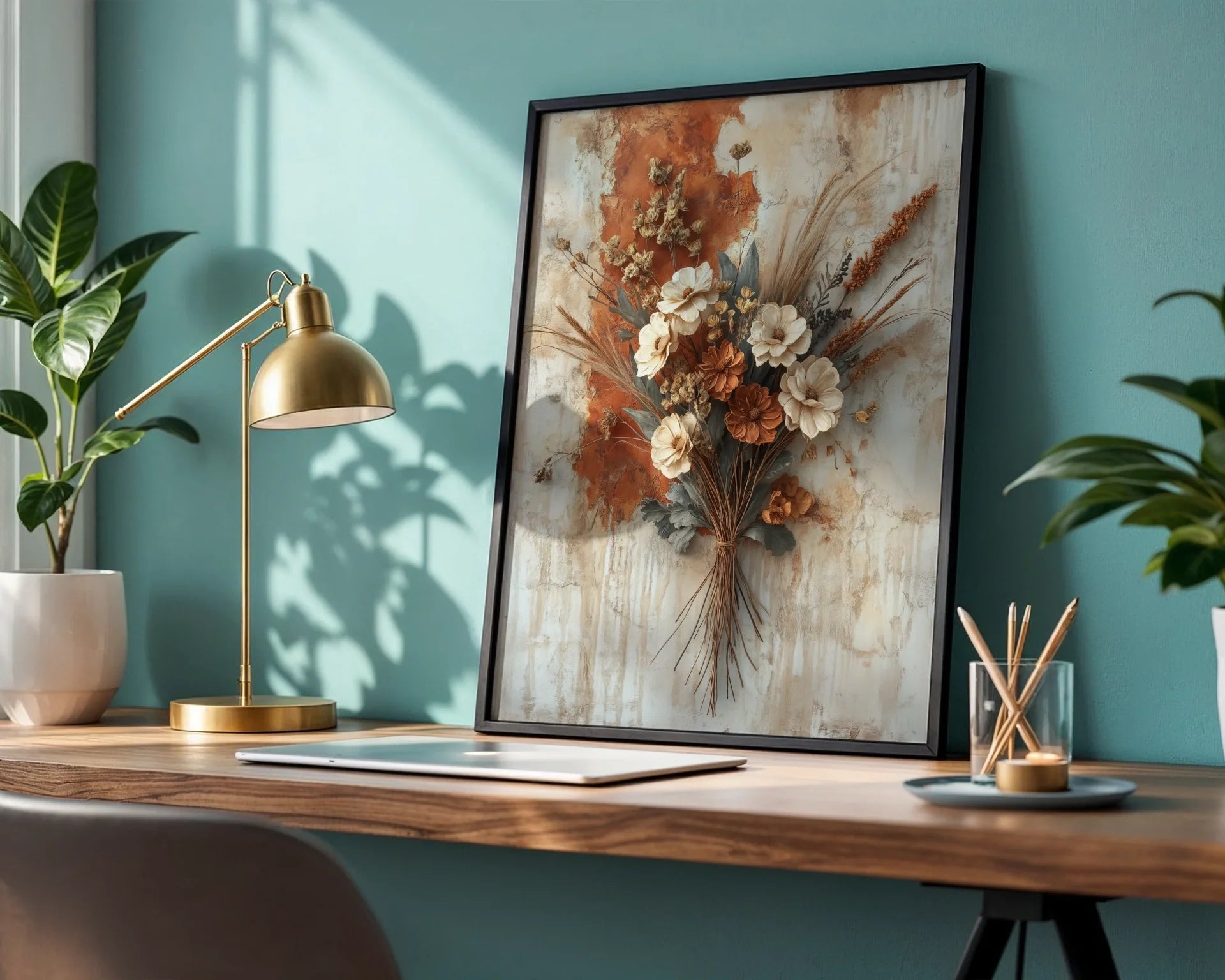 Dried Flower Bouquet Wheat Bound Autumn Boho in room
