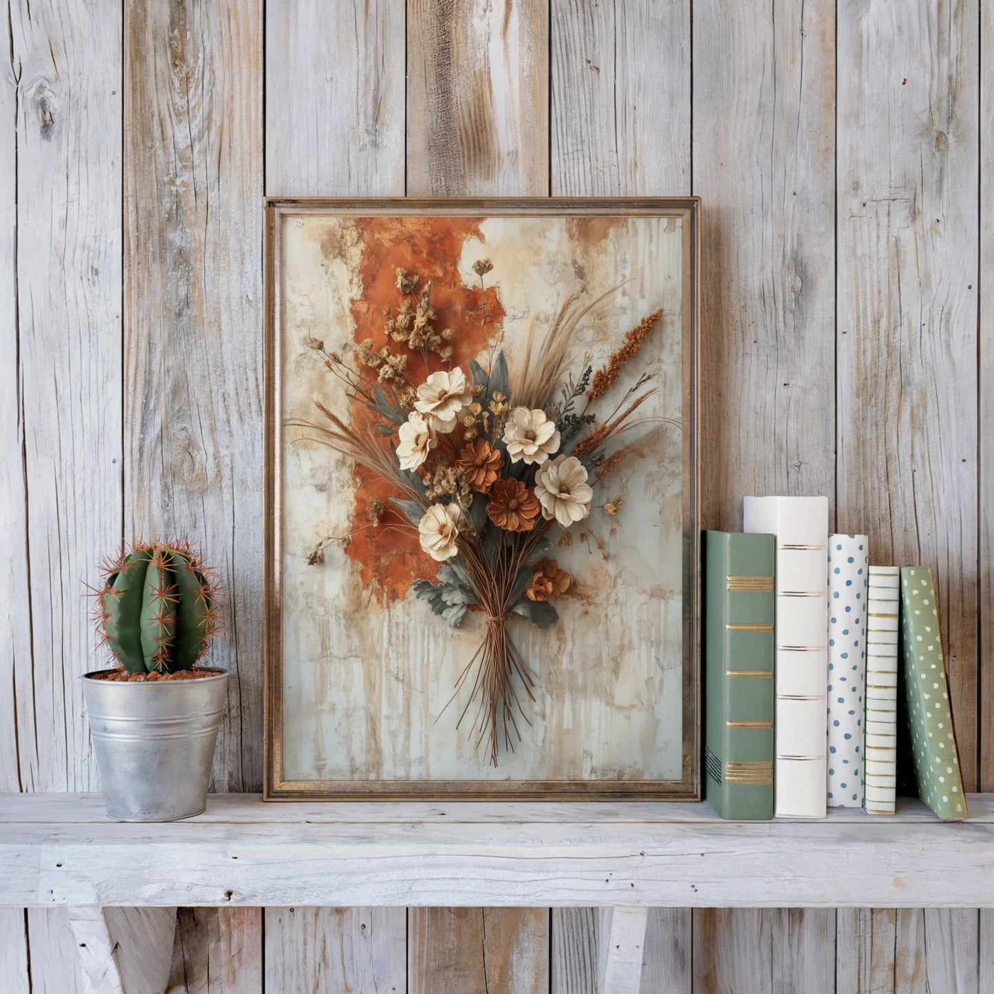 Dried Flower Bouquet Wheat Bound Autumn Boho Canvas Wall Art — Eclectic canvas art featuring clustered wildflowers tied with harvest wheat for artistic home decor