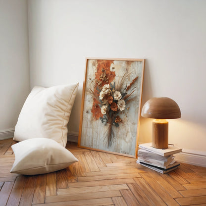 Dried Flower Bouquet Wheat Bound Autumn Boho Canvas Wall Art — Canvas artwork in burnt sienna and cream tones showing textured wildflower arrangement