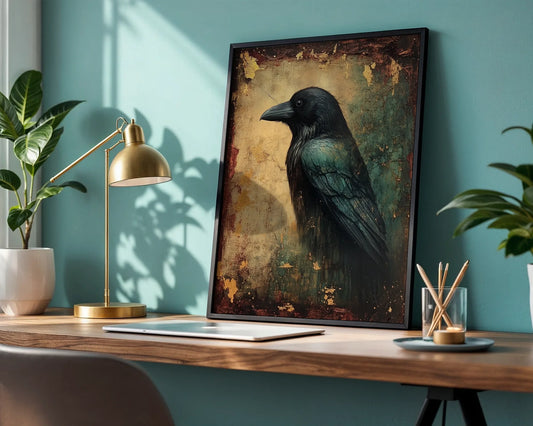 Dark Academia Raven Canvas Wall Art - Gilded Fresco Style — Mysterious academic-inspired canvas showcasing ethereal corvid emerging from ancient manuscript textures