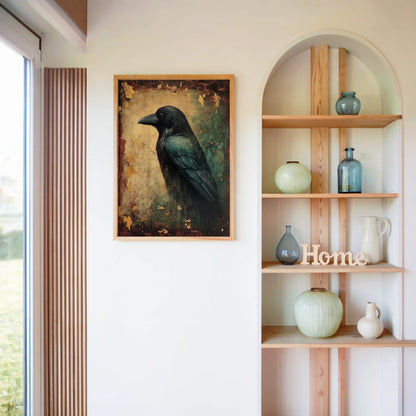 Dark Academia Raven Canvas Wall Art - Gilded Fresco Style — Elegant period-style canvas depicting enigmatic blackbird against worn ecclesiastical wall painting
