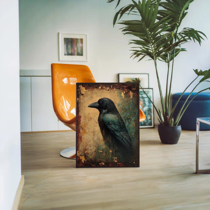 Dark Academia Raven Canvas Wall Art - Gilded Fresco Style — Rich copper-green canvas with warm parchment tones creating atmospheric depth in curated spaces
