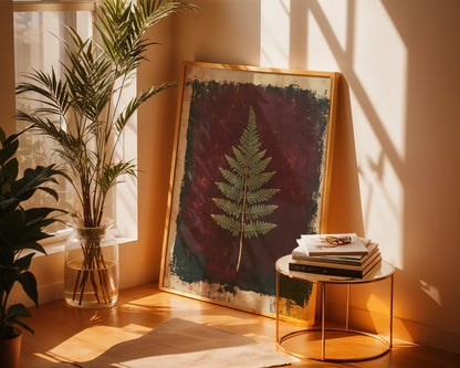 Pressed Fern Botanical Victorian Burgundy in room