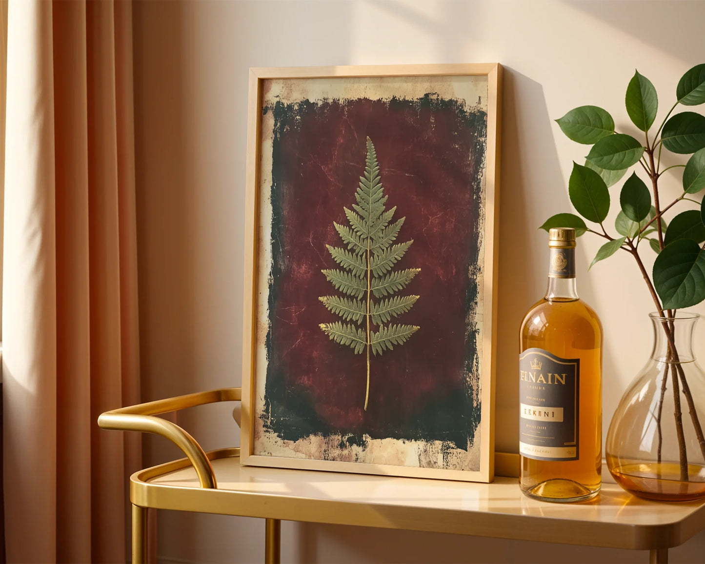Pressed Fern Botanical Victorian Burgundy Canvas Wall Art — Gothic botanical canvas displaying weathered fern leaf in atmospheric Victorian-style interior