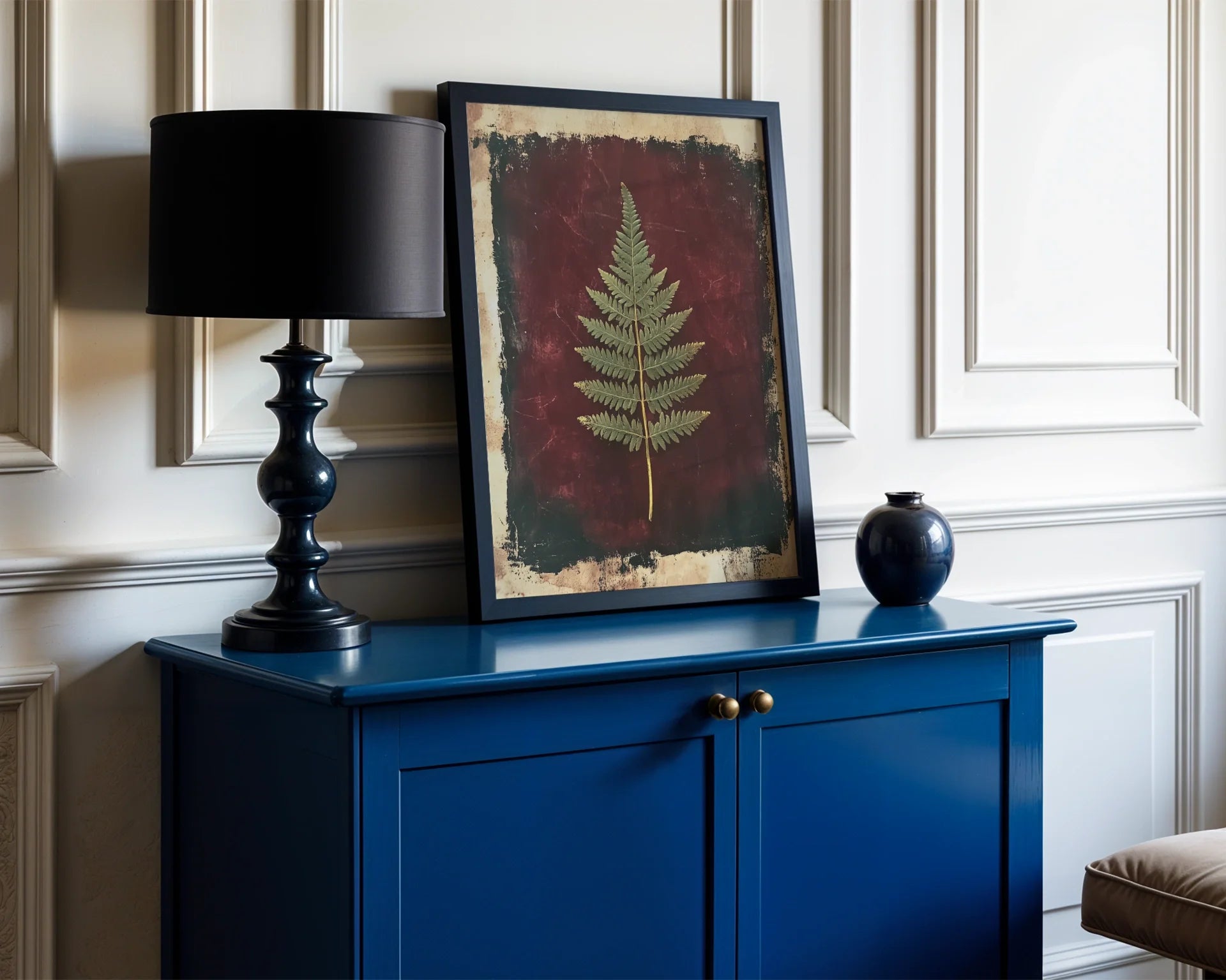 Pressed Fern Botanical Victorian Burgundy in room