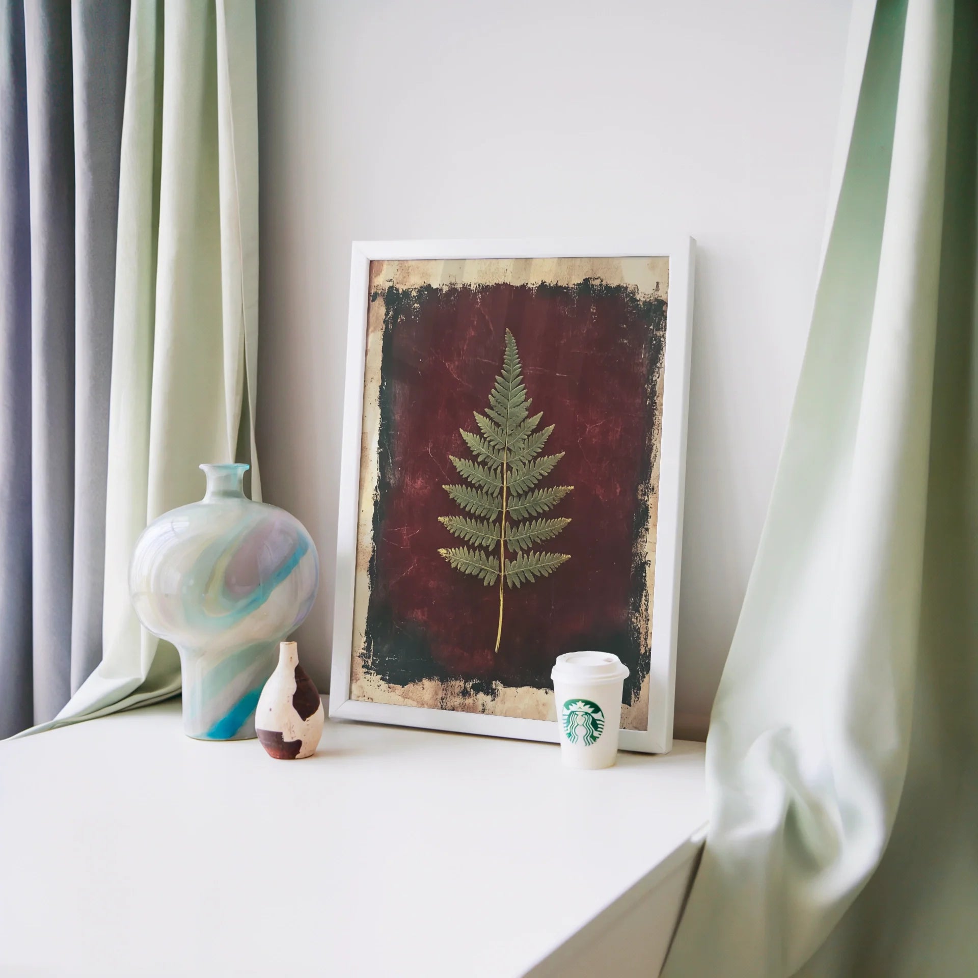 Pressed Fern Botanical Victorian Burgundy in room