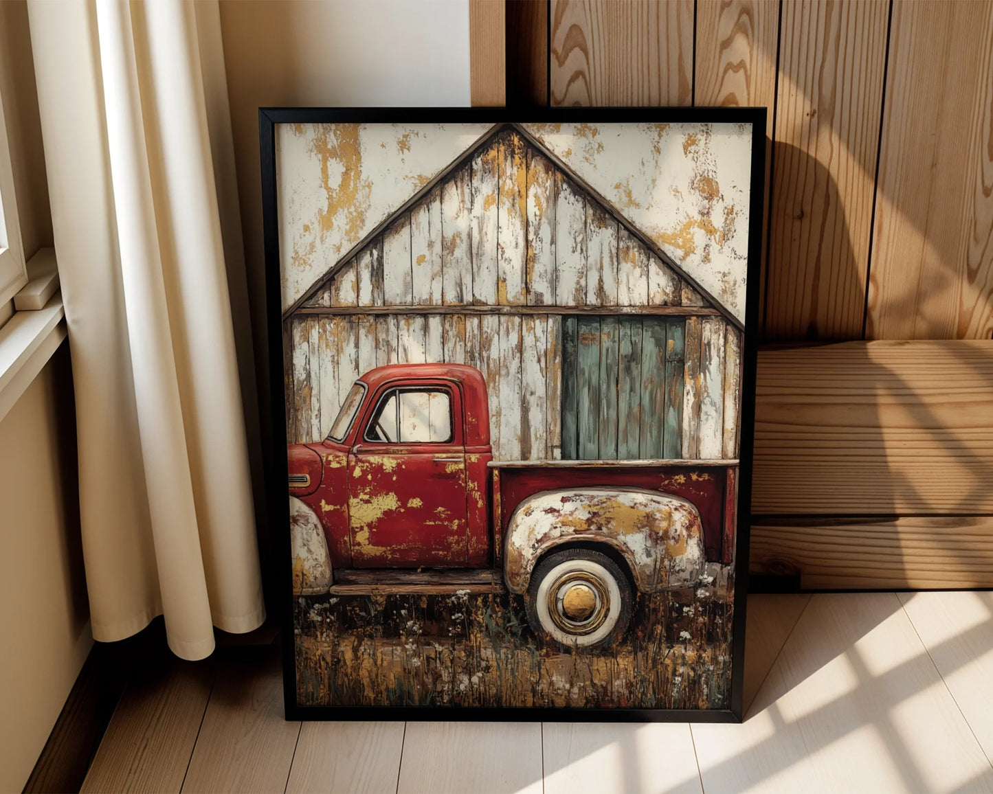 Red Truck Barn Rustic Farmhouse Peeling Paint in room