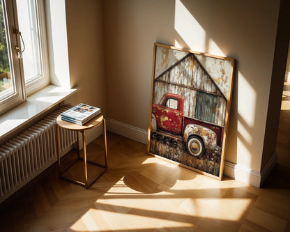 Red Truck Barn Rustic Farmhouse Peeling Paint Canvas Wall Art — Shabby chic artwork featuring time-worn scarlet automobile beside deteriorating farm structure on canvas