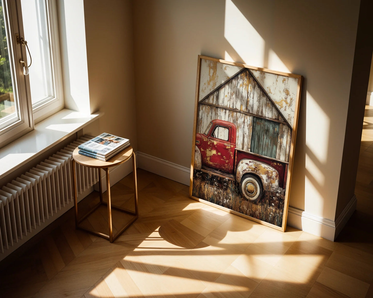 Red Truck Barn Rustic Farmhouse Peeling Paint in room