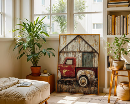 Red Truck Barn Rustic Farmhouse Peeling Paint Canvas Wall Art — Boho wall hanging showing neglected burgundy transport beside decaying agricultural shed on textured canvas