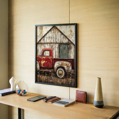 Red Truck Barn Rustic Farmhouse Peeling Paint Canvas Wall Art — Minimalist piece capturing forsaken maroon machine against fading pastoral architecture for contemporary decor