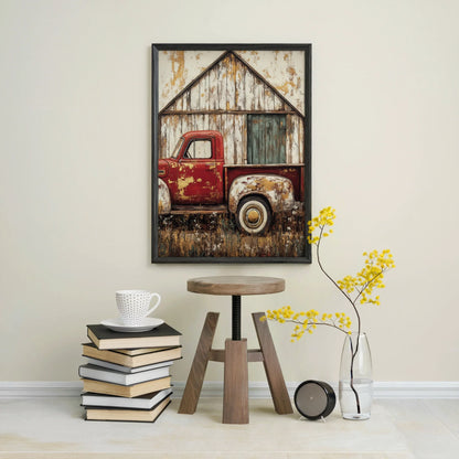 Red Truck Barn Rustic Farmhouse Peeling Paint Canvas Wall Art — Deep rust tones blend with ivory hues in this textured canvas showing chipped paint and worn wood grain