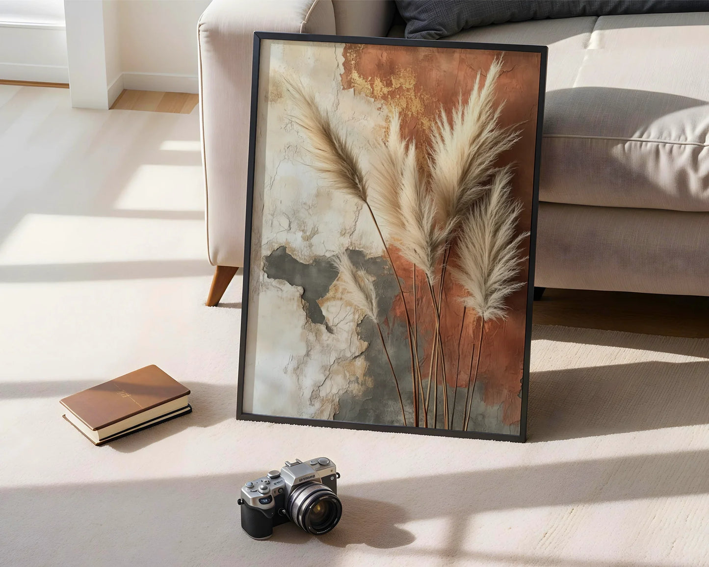 Pampas Grass Terra Cotta Boho Canvas Wall Art Weathered — Bohemian canvas art showcasing wispy dried grasses against cracked stucco for free-spirited home decor