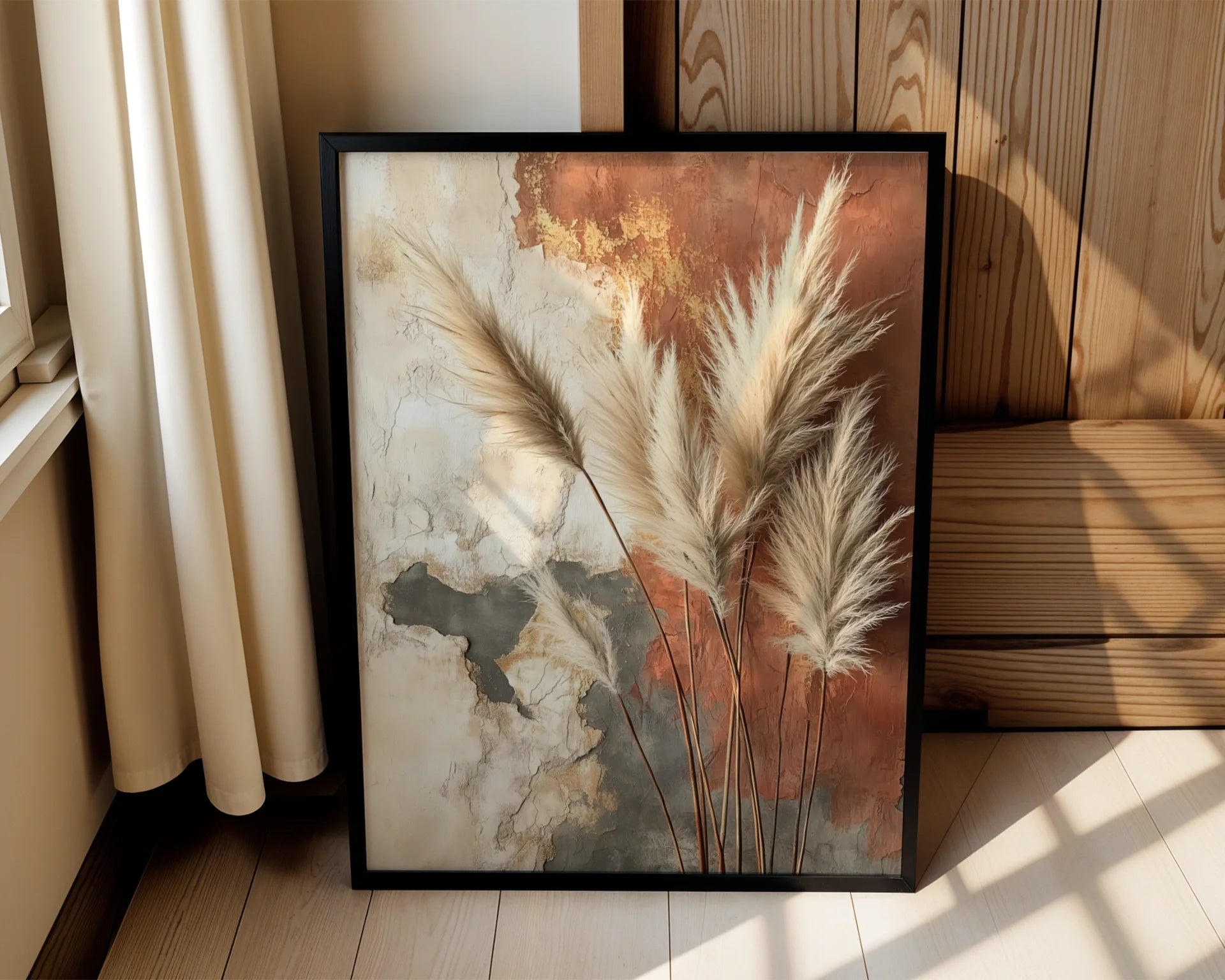Pampas Grass Terra Cotta Boho Canvas Wall Art Weathered — Eclectic artwork displaying delicate plumes on distressed walls for artistic boho interior styling