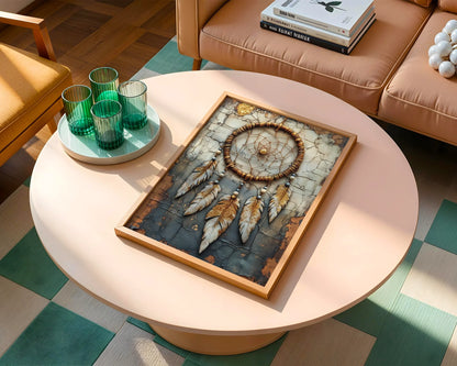 Bohemian Dreamcatcher Copper Web Gilded Feathers Canvas Wall Art — Handcrafted spiritual canvas hung in neutral bohemian living space featuring metallic web design elements