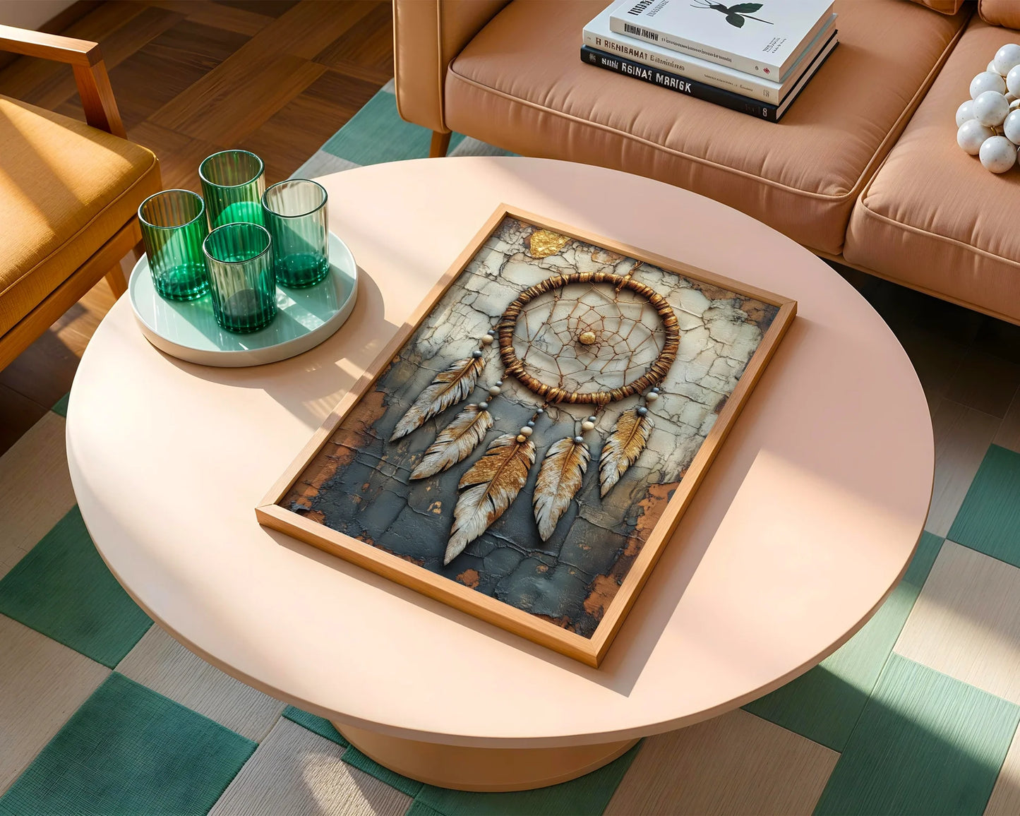 Bohemian Dreamcatcher Copper Web Gilded Feathers in room