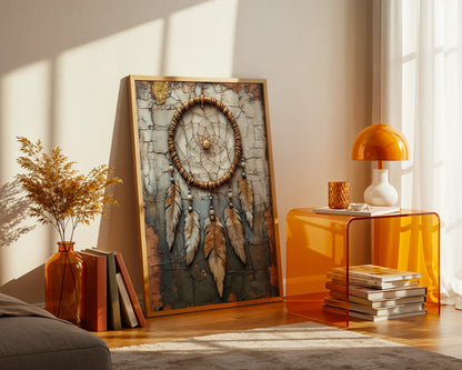 Bohemian Dreamcatcher Copper Web Gilded Feathers Canvas Wall Art — Artisanal mixed-media piece mounted in modern eclectic interior with desert-inspired sacred symbols