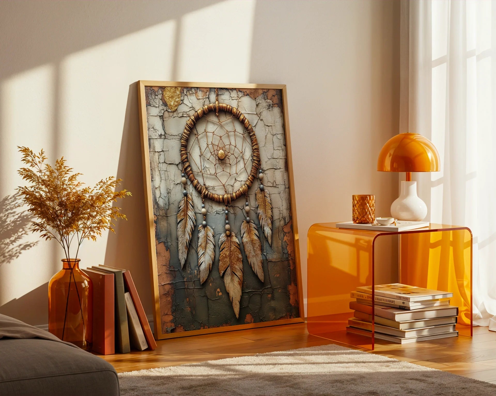 Bohemian Dreamcatcher Copper Web Gilded Feathers in room