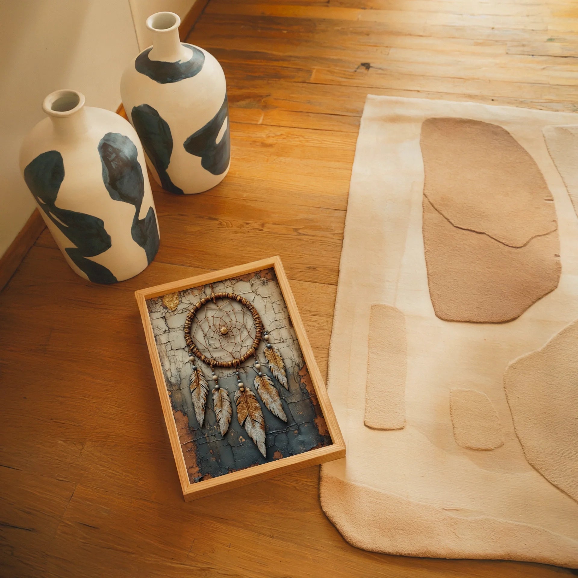 Bohemian Dreamcatcher Copper Web Gilded Feathers Canvas Wall Art — Vintage-inspired spiritual artwork displayed in minimalist rustic interior with desert color palette