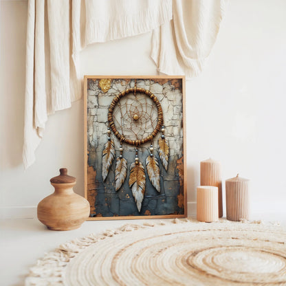 Bohemian Dreamcatcher Copper Web Gilded Feathers Canvas Wall Art — Burnished gold and cream canvas print showing rich copper tones against weathered plaster background
