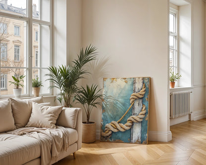 Coastal Rope Art Turquoise Dock Posts Canvas Wall Art — Ocean-themed canvas featuring marina pillars wrapped in organic nautical elements
