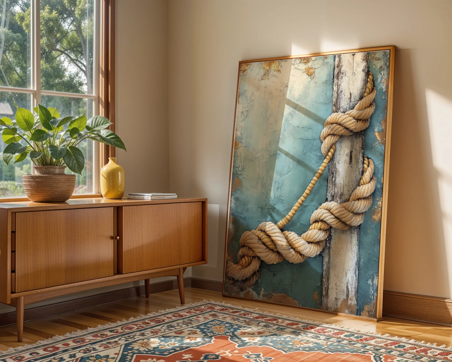 Coastal Rope Art Turquoise Dock Posts in room