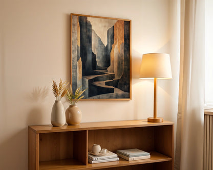 Canyon Stone Architecture Geometric Desert Canvas Wall Art — Serene rock formations emerge from golden light in this artisan wall piece for upscale homes