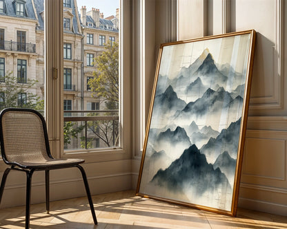 Minimalist Mountain Wall Art Torn Paper Watercolor Canvas Print — Scandinavian-inspired artwork shows layered peaks breaking through torn paper edges for clean home aesthetics